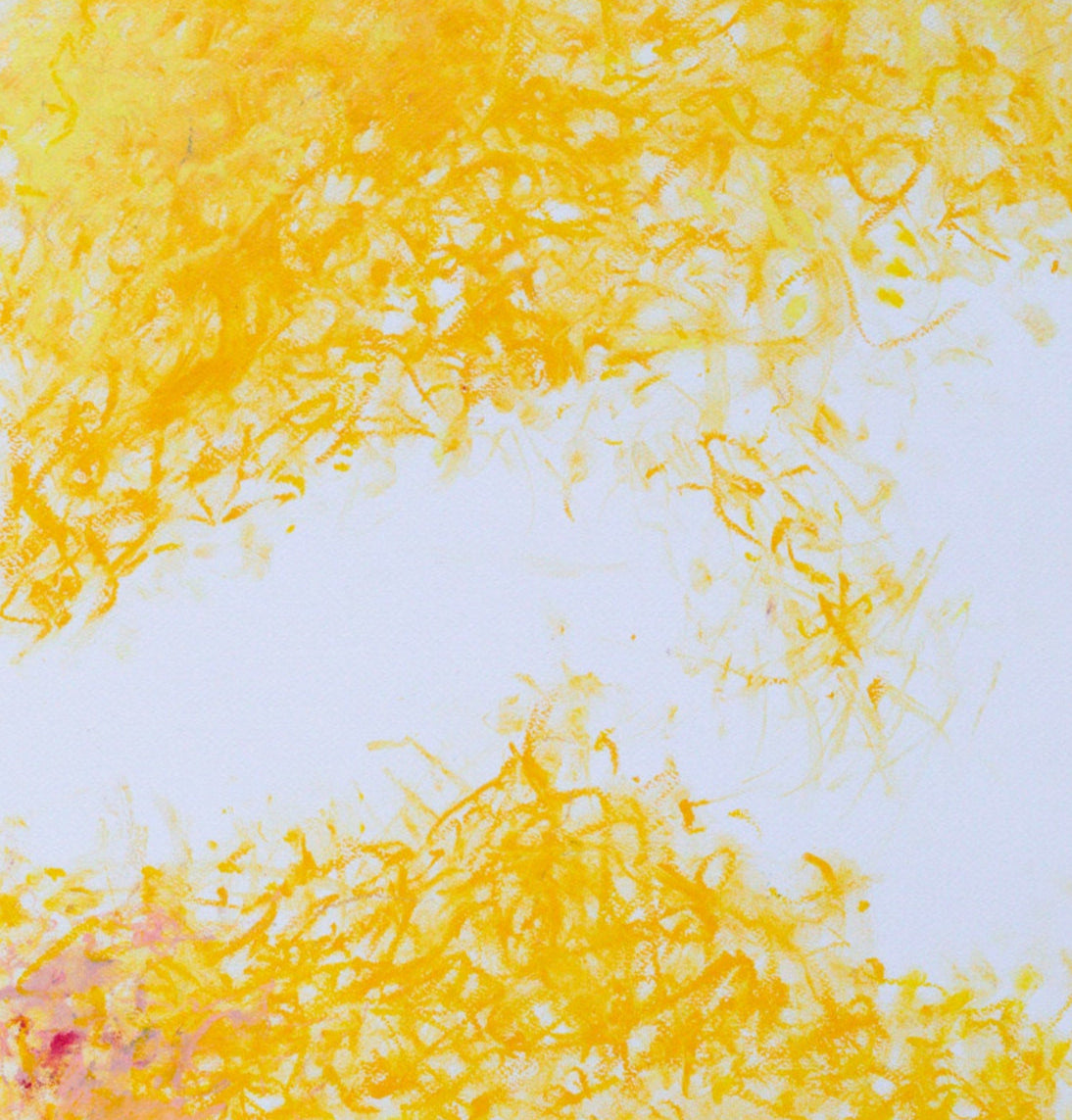Abstract art piece with yellow and white colors in a wooden frame on a white wall.