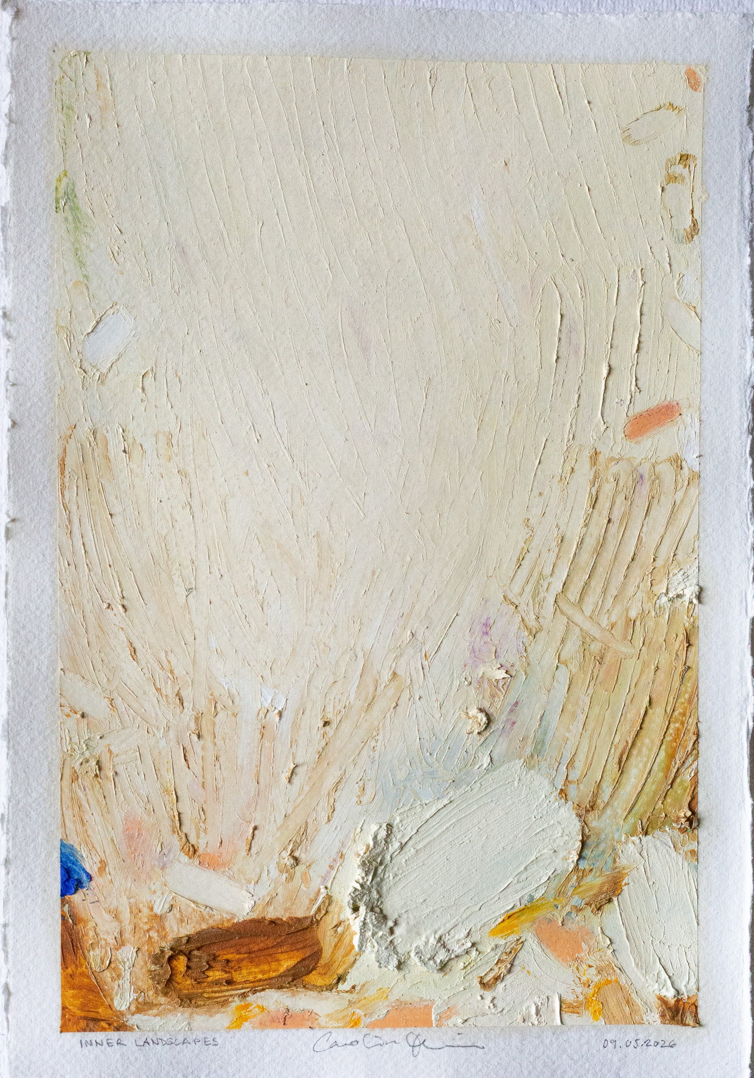 abstract original oil painting on paper with textured, rhythmic marks in cream, light yellow, ochre, indian yellow and cobalt