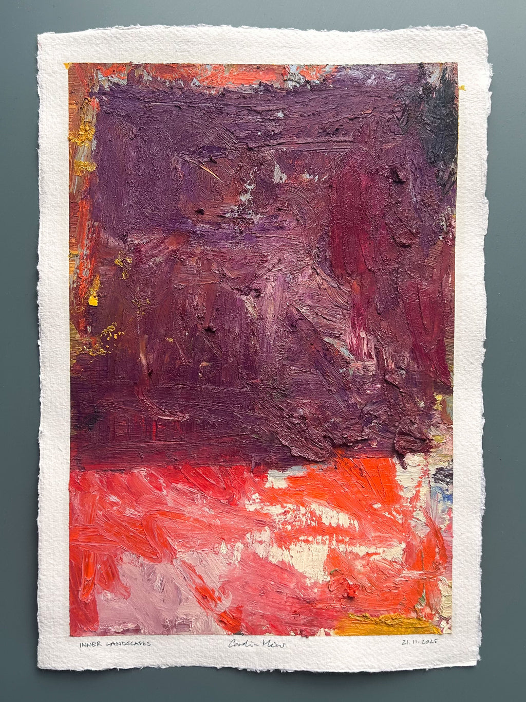 Abstract original art with purple and red hues on a textured white border. 
